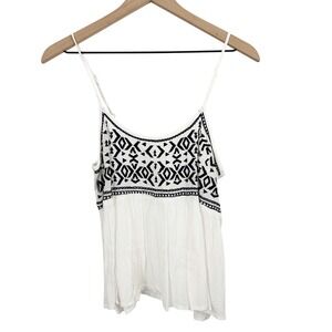 Sim & Sam Geometric Strappy Embroidered Tank Top White Black Size Large‎ Boho